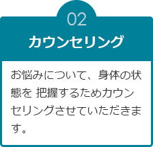 カウンセリング：お悩みについて、身体の状態を 把握するためカウンセリングさせていただきます。