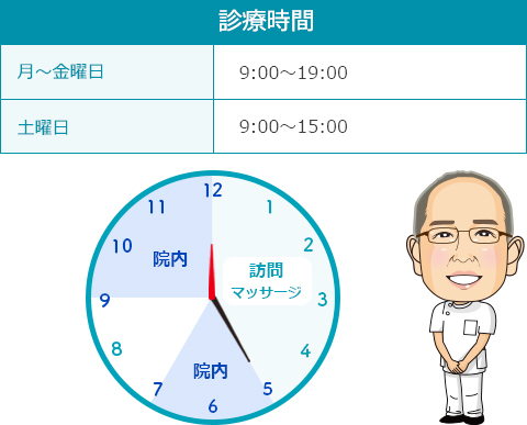 月～金　9：00～19：00<br />
土曜日　9：00～15：00<br />
※12時～17時は訪問マッサージに出ます